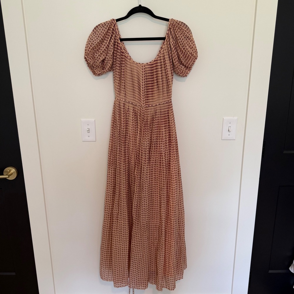 Tory Burch Floral Pleated Puff Sleeve Maxi Dress With Slip Peach Purple Size 6 - Picture 2 of 6